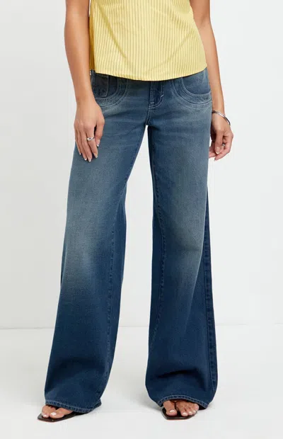 Pacsun Women's Casey Low Rise Baggy Jeans Stacked Scoop Pocket Dark Blue In Dark Indigo