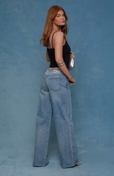 Pacsun Women's Casey Low Rise Baggy Jeans Star Embroidered Light Blue In Medium Indigo