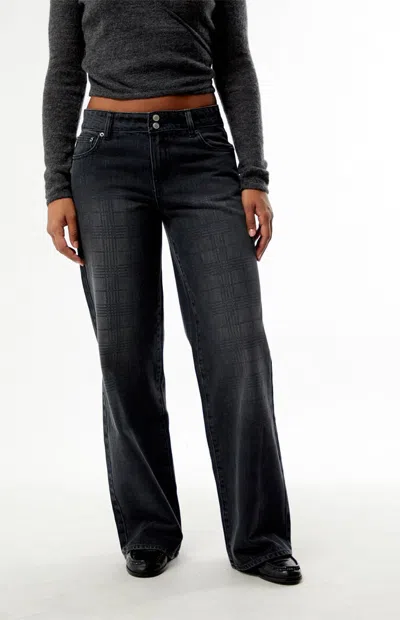 Pacsun Women's Casey Low Rise Baggy Jeans Tonal Plaid Washed Black