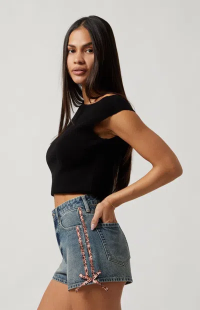 Pacsun Women's Cheetah Stripe High Waisted Denim Festival Shorts In Medium Indigo In Blue