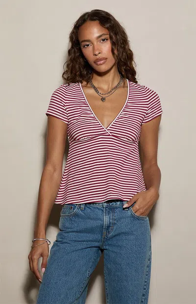 Pacsun Women's Chloe Crossover Babydoll T-shirt In Maroon In Multi