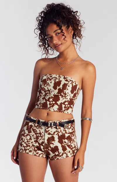 Pacsun Women's Cow Print Denim Micro Shorts In Brown/white