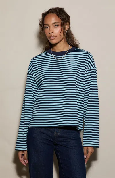 Pacsun Women's Drew Striped Boxy Long Sleeve T-shirt In Navy