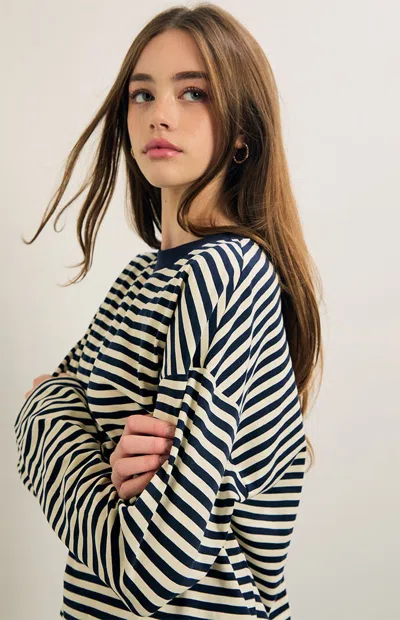 Pacsun Women's Drew Striped Boxy Long Sleeve T-shirt In White/navy
