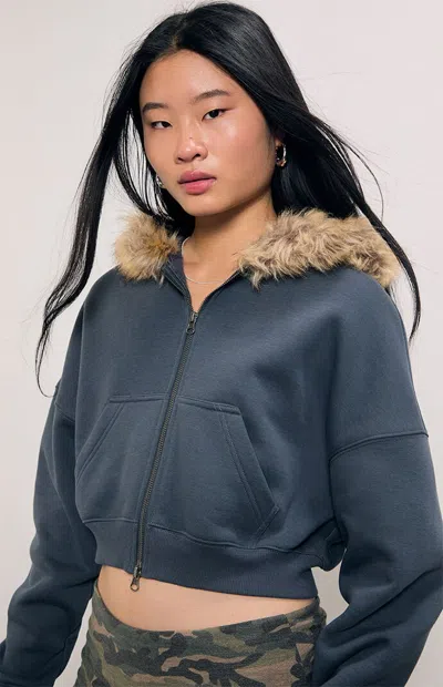 Pacsun Women's Faux Fur Cropped Ultra Soft Fleece Zip Up Hoodie In Dark Gray