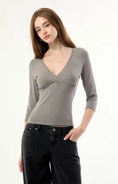 Pacsun Women's Kira Crossover 3/4 Sleeve Top In Gray In Animal Print