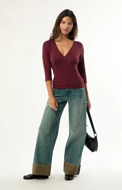 Pacsun Women's Kira Crossover 3/4 Sleeve Top In Wine In Black