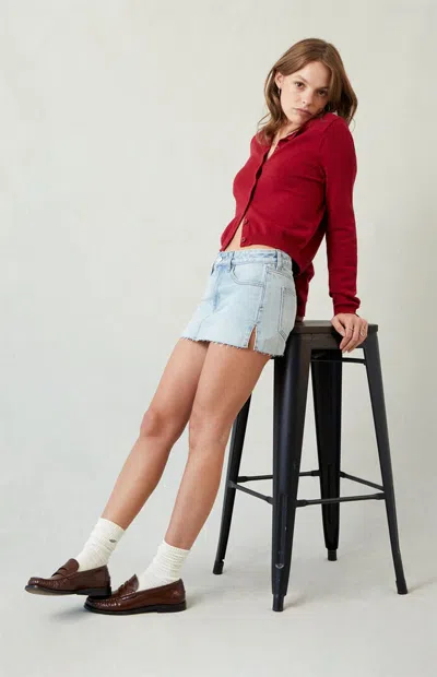 Pacsun Women's Lara Light Indigo Raw Cut Low Rise Denim Mini Skirt In Burgundy