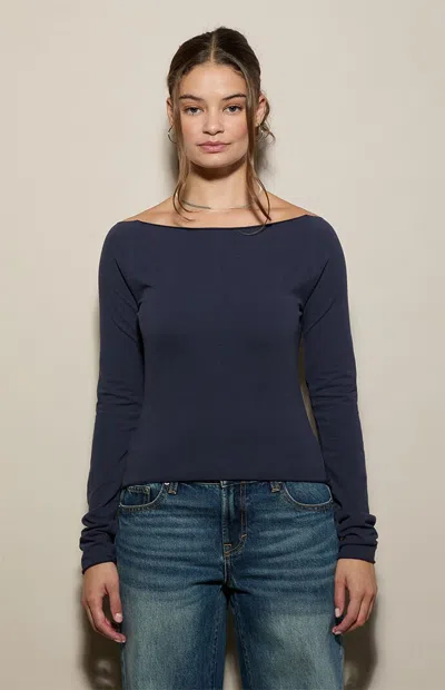 Pacsun Women's Mia Off-the-shoulder Long Sleeve T-shirt In Navy In Blue