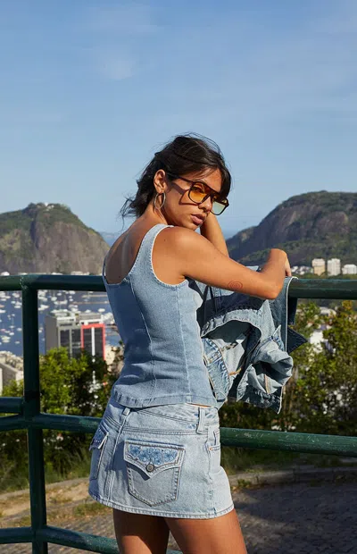 Pacsun Women's Piper Floral Embroidered Rhinestone Denim Micro Mini Skirt In Light Indigo In Blue