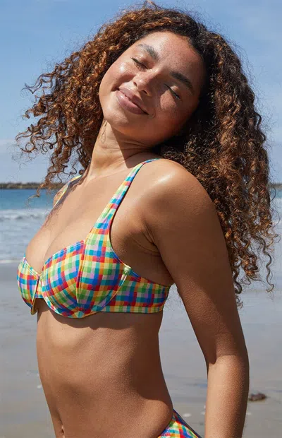 Pacsun Women's Rainbow Plaid Joey Underwire Bralette Bikini Top In Multi