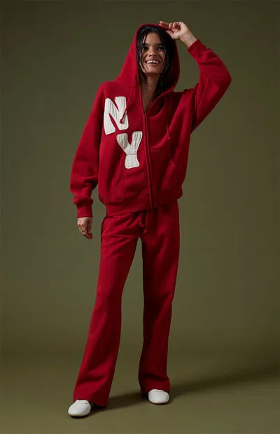 Pacsun Women's Red Big Ny Applique Zip Up Hoodie