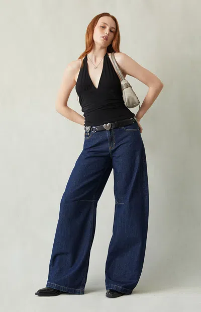 Pacsun Women's Remi Baggy Barrel Jeans Knee Dart Dark Blue In Rinse Denim