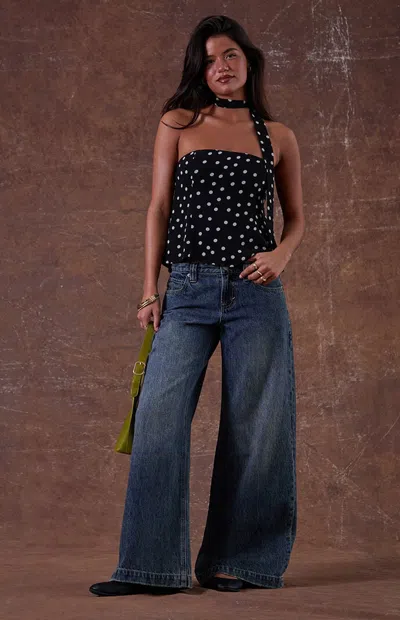 Pacsun Women's Sloane Low Rise Ultra Baggy Jeans Button Tab Dark Blue In Dark Indigo