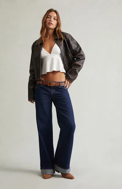 Pacsun Women's Ultimate Low Rise Baggy Jeans Cuffed Dark Blue In Rinse Denim