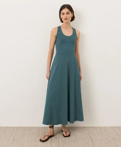 Pact Fit & Flare Open Back Maxi Dress Made With Organic Cotton In Ditsy Dot Floral Deep Aqua