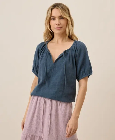Pact Organic Cotton Coastal Double Gauze Boho Popover In Blue