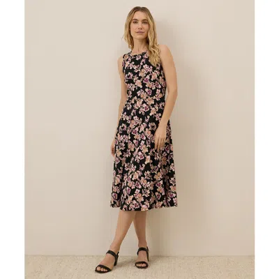 Pact Organic Cotton Fit & Flare Keyhole Back Dress In Scattered Posies Black