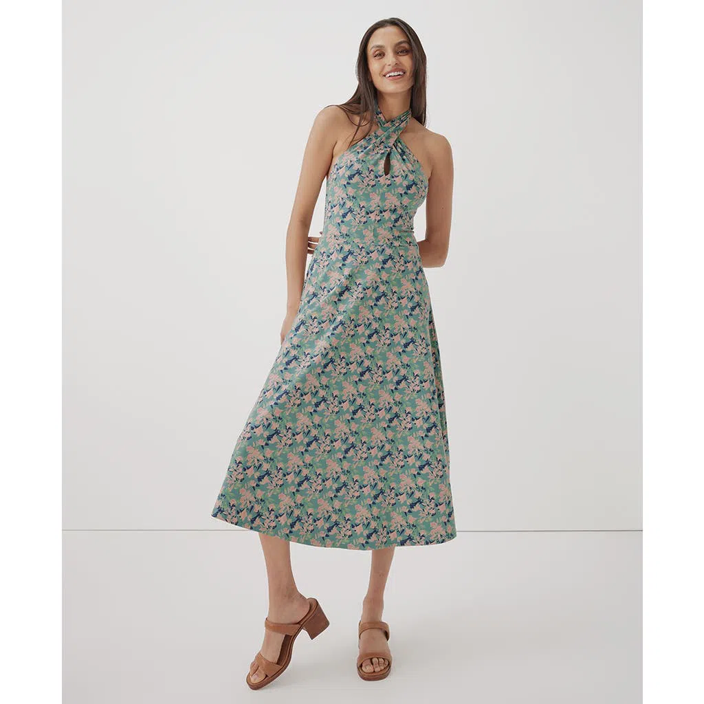 Open Back Maxi Pact Organic Cotton Women's Fit & Flare Halter Dress -  Sustainable Fashion With Flowy Skirt Cotton Gauze Dress