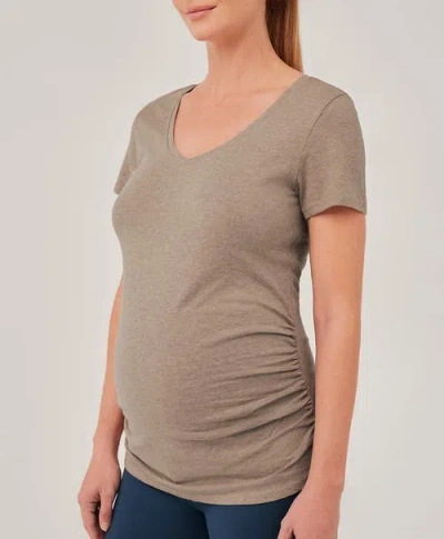 Pact Organic Maternity Ruched V-neck Tee In Stucco Heather