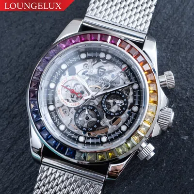 Pre-owned Pagani 40mm Automatic Mechanical Watch Silver Chrome Rainbow Cubics With Mesh Strap