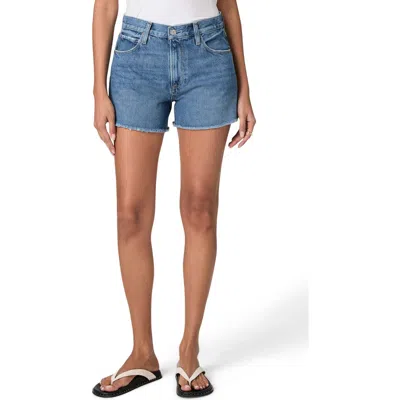 Paige Archie Frayed High Waist Denim Shorts In Blue