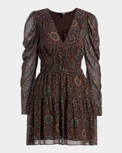 Paige Aries Printed Long-sleeve Silk Mini Dress In Brown