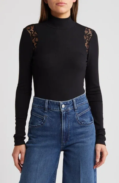 Paige Astora Lace Detail Rib Mock Neck Top In Black