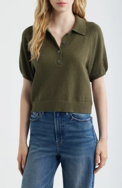 Paige Birch Puff Sleeve Organic Cotton Blend Polo Sweater In Green