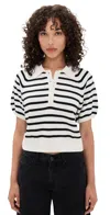 Paige Birch Stripe Short Puff Sleeve Polo Sweater In White