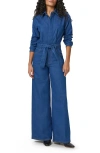 Paige Cameron Tie Waist Long Sleeve Wide Leg Denim Jumpsuit In Maraya