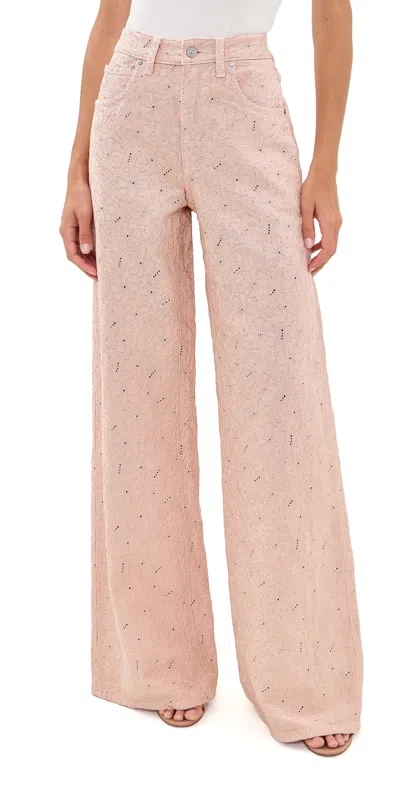 Paige Cameron Wide Leg Jeans Sunset Peach Embroidered In Pink