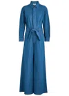 Paige Cameron Tie Waist Long Sleeve Wide Leg Denim Jumpsuit In Blue