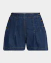 Paige Chleo Pleated Denim Shorts In Blue