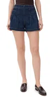 Paige Chleo Pleated Denim Shorts In Blue