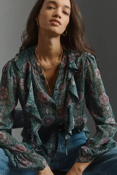 Paige Claude Silk Ruffled Long-sleeve Blouse In Green