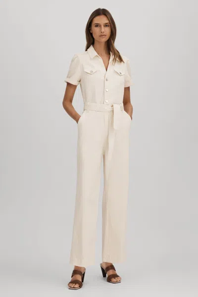 Paige Denim Puff Sleeve Jumpsuit In Sand