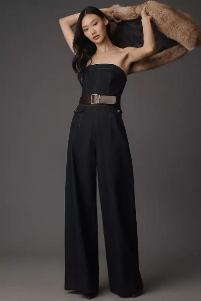 Paige Francesca Strapless Denim Wide-leg Jumpsuit In Black