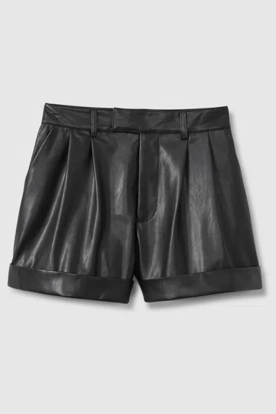 Paige Front Pleat Faux Fur Leather Shorts In Black
