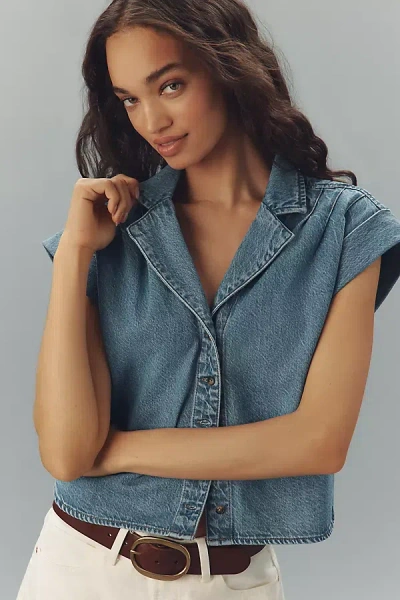 Paige Hadley Collared Denim Shirt Top In Blue
