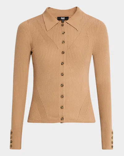 Paige Jayde Ribbed Button-front Top In Dark Camel