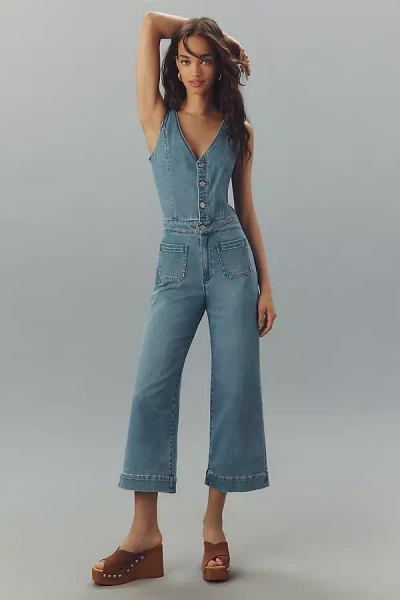 Paige Kenny Sleeveless V-neck Cropped Denim Jumpsuit In Blue