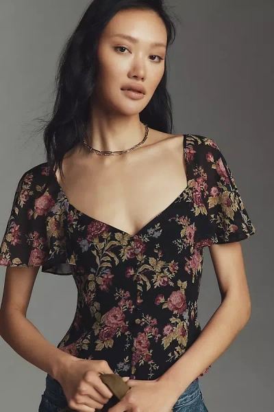 Paige Kiko Silk Flutter-sleeve Blouse In Black