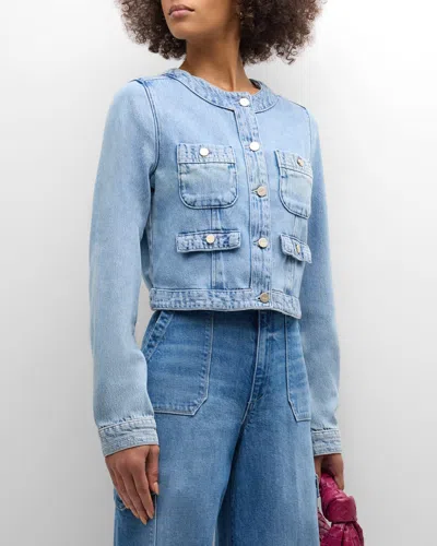 Paige Kiya Crewneck Button Front Denim Jacket In Blue