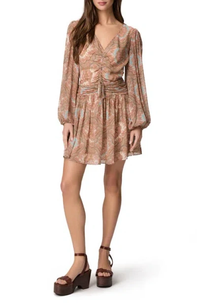 Paige Lainey Paisley Long Sleeve Silk Minidress In Brown