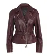 Paige Cento Belted Leather Moto Jacket In Burgundy