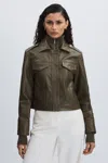 Paige Leather Cropped Bomber Jacket In Moss Green