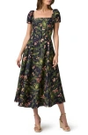 Paige Lindi Cap-sleeve Square-neck Midi Dress In Blue