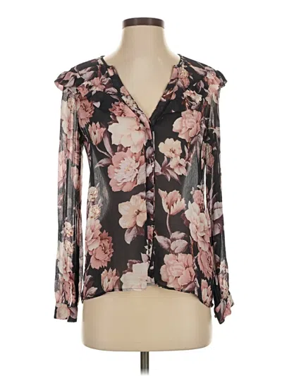 Pre-owned Paige Long Sleeve Silk Top Black Floral Pattern Plunge Neckline Tops