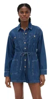 Paige Madigan Long-sleeve Collared Denim Romper In Blue